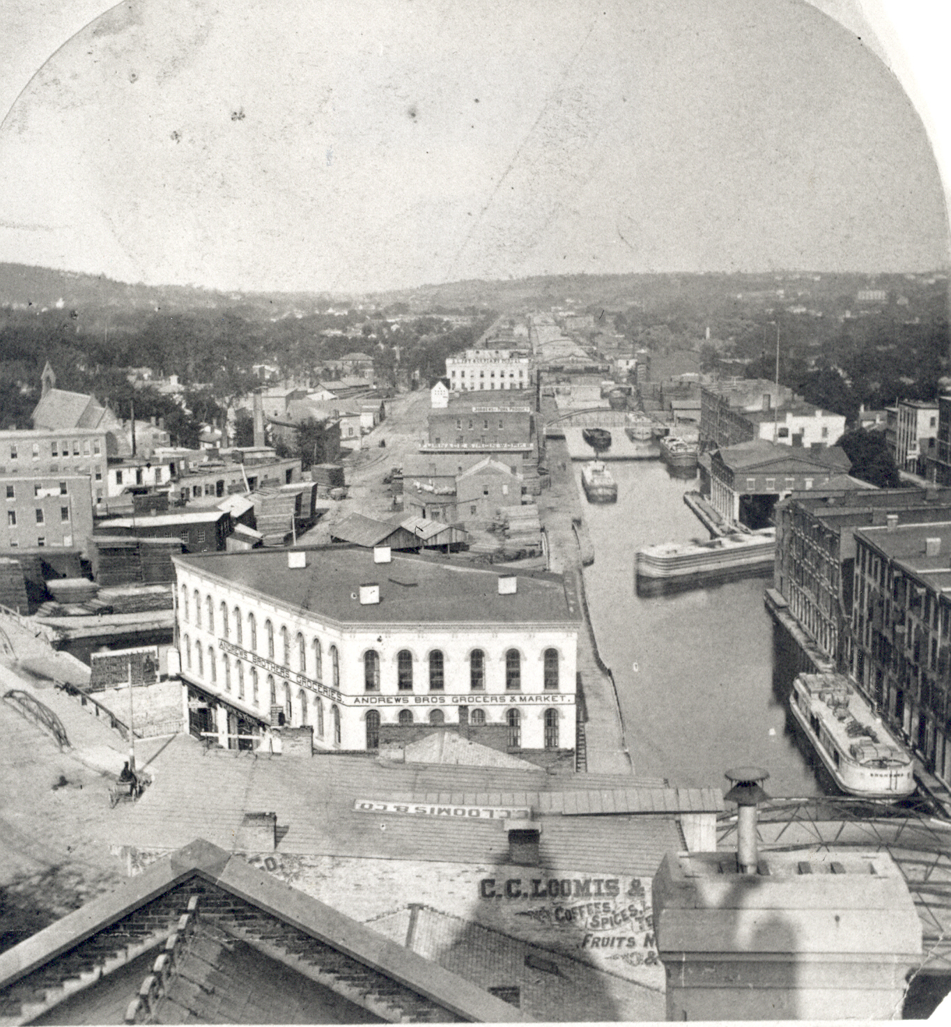 Stereographic image of downtown Syracuse, aerial shot looking east from Clinton Square (with the Syracuse Weighlock, current home of the Erie Canal Museum).