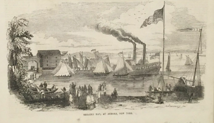 From Gleason’s magazine, “Regatta Day in Aurora,” 1853: sailboats gathered and steamboats, which provided routine passenger and freight transportation on Cayuga Lake, offered special excursions for viewers. 