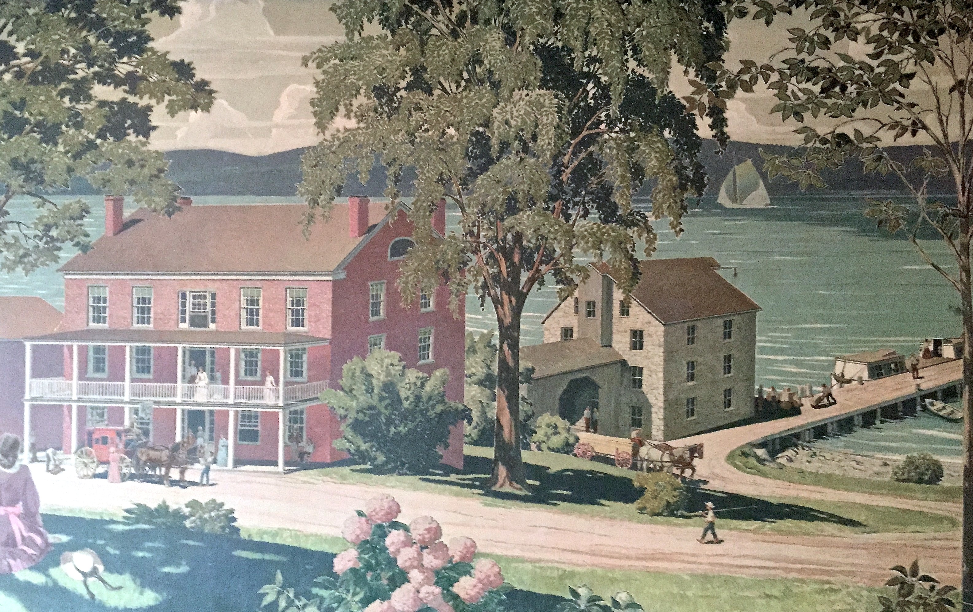 Aurora’s Erie Canal boom began in the 1830s; a mural by Glen Moore Shaw in the Aurora Inn shows canal boats and warehouses behind the Inn. 